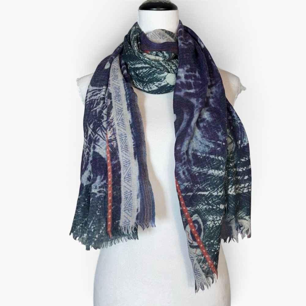Juma Peacock Feathers Silk Wool Scarf Shawl Wrap Fringe Blue Green 54"x68" NEW